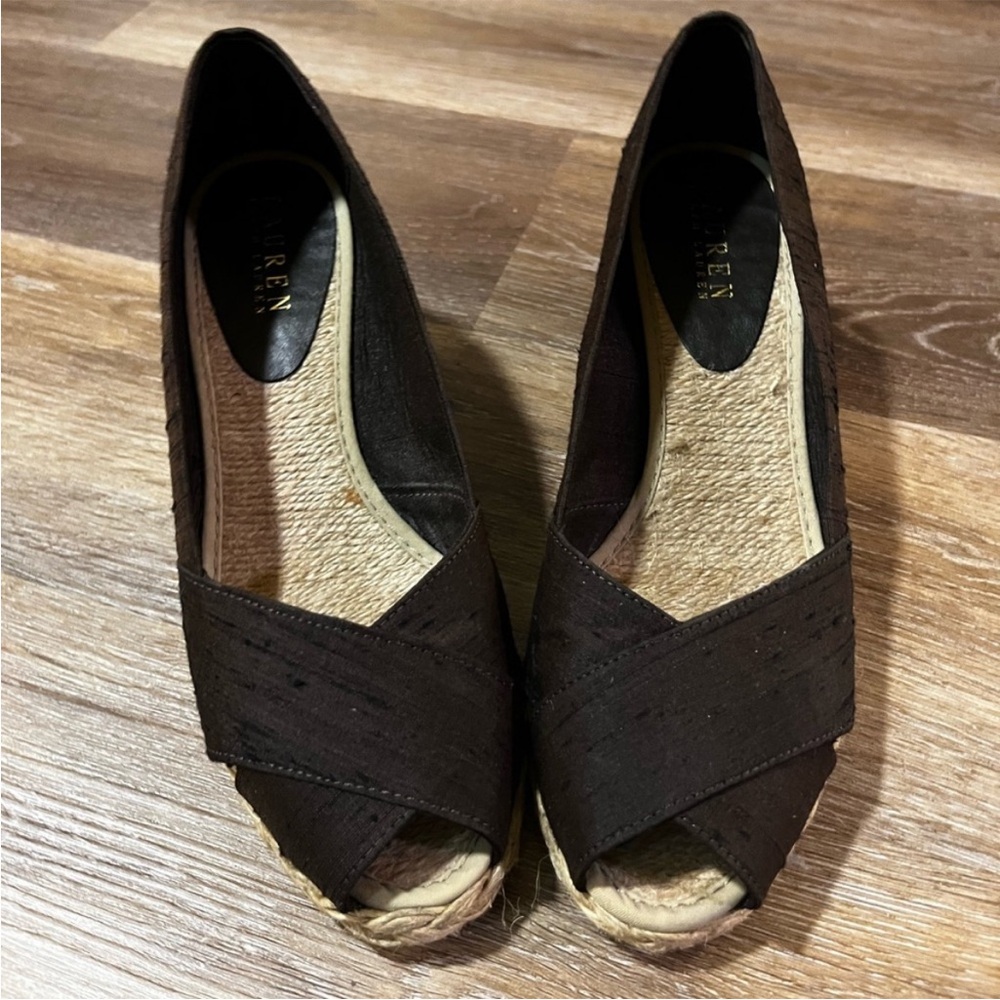 Ralph Lauren Cecilia Espadrille Wedge Sandals Brown Shantung Silk Size 8